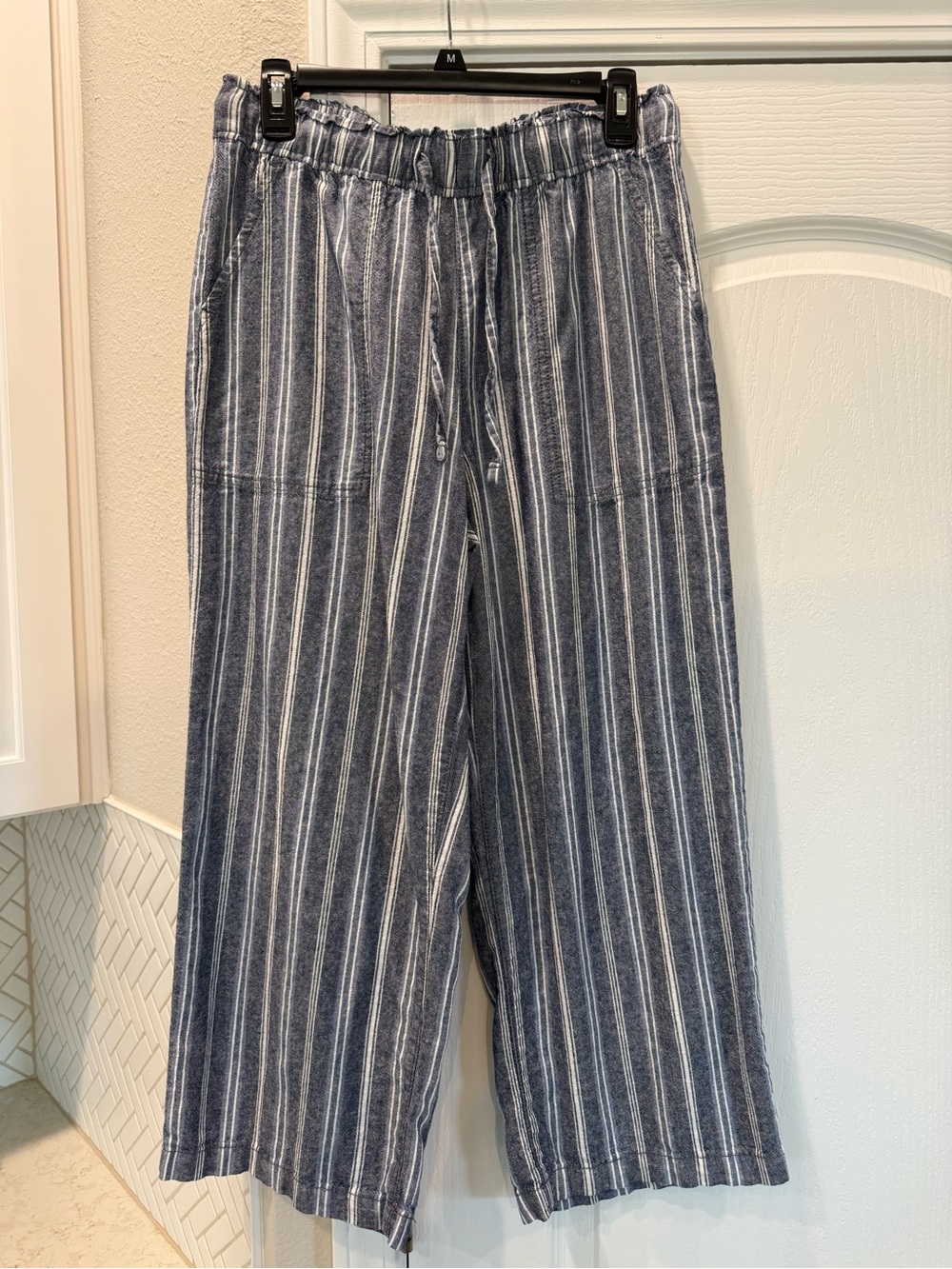 Women’s Sonoma Blue & White Stripe Linen Blend Wide-Leg Cropped Pants